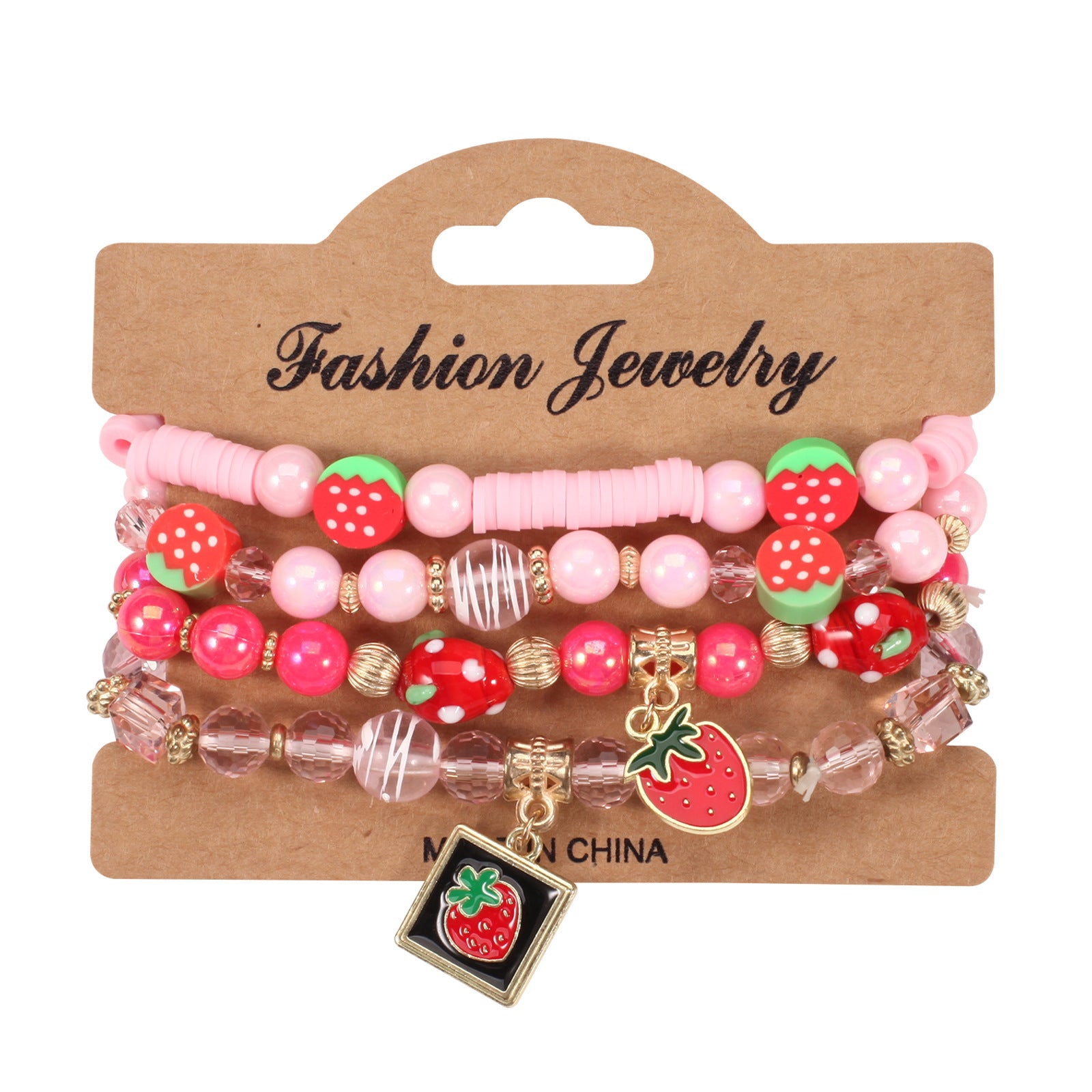 Wholesale Cartoon Cute Fruit Strawberry Pendant Glass Beaded Multi-layer Elastic Bracelet
