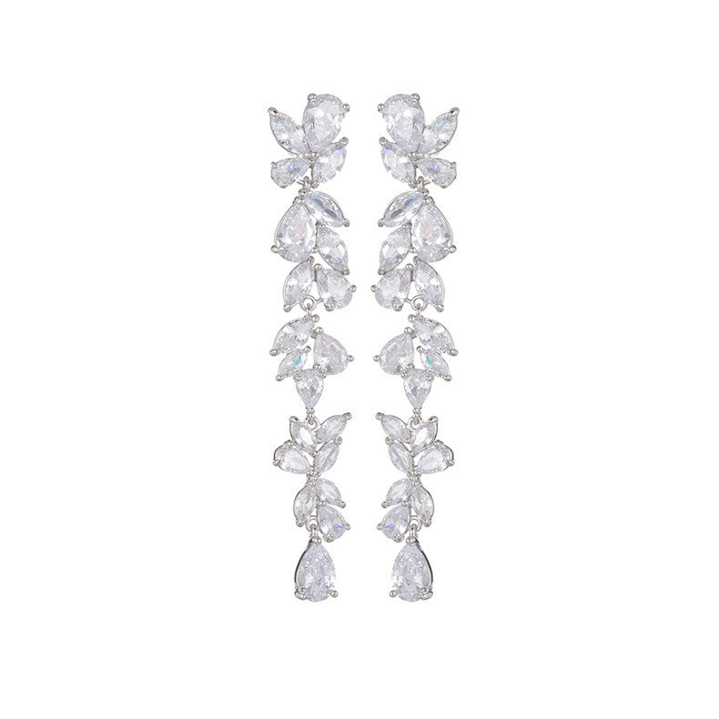 Wholesale Copper inlaid zircon intricate leaf earrings