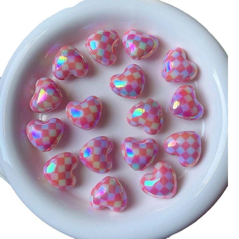 Wholesale 10pcs/pack  Printed checkered heart-shaped bead  Acrylic Beads