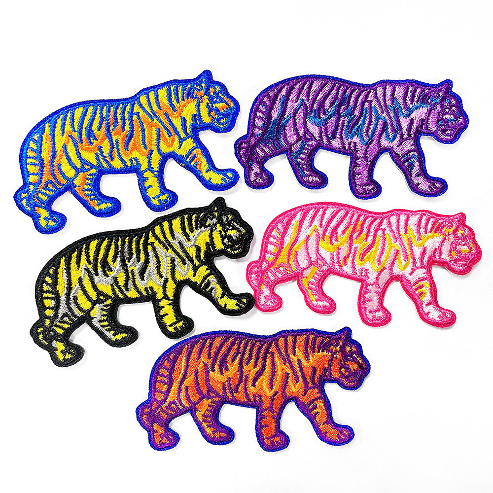 Wholesale Colorful Neon Tiger Embroidery Patch Five Tone Design Hot Melt Adhesive Backing Coat Decoration Chic Gift
