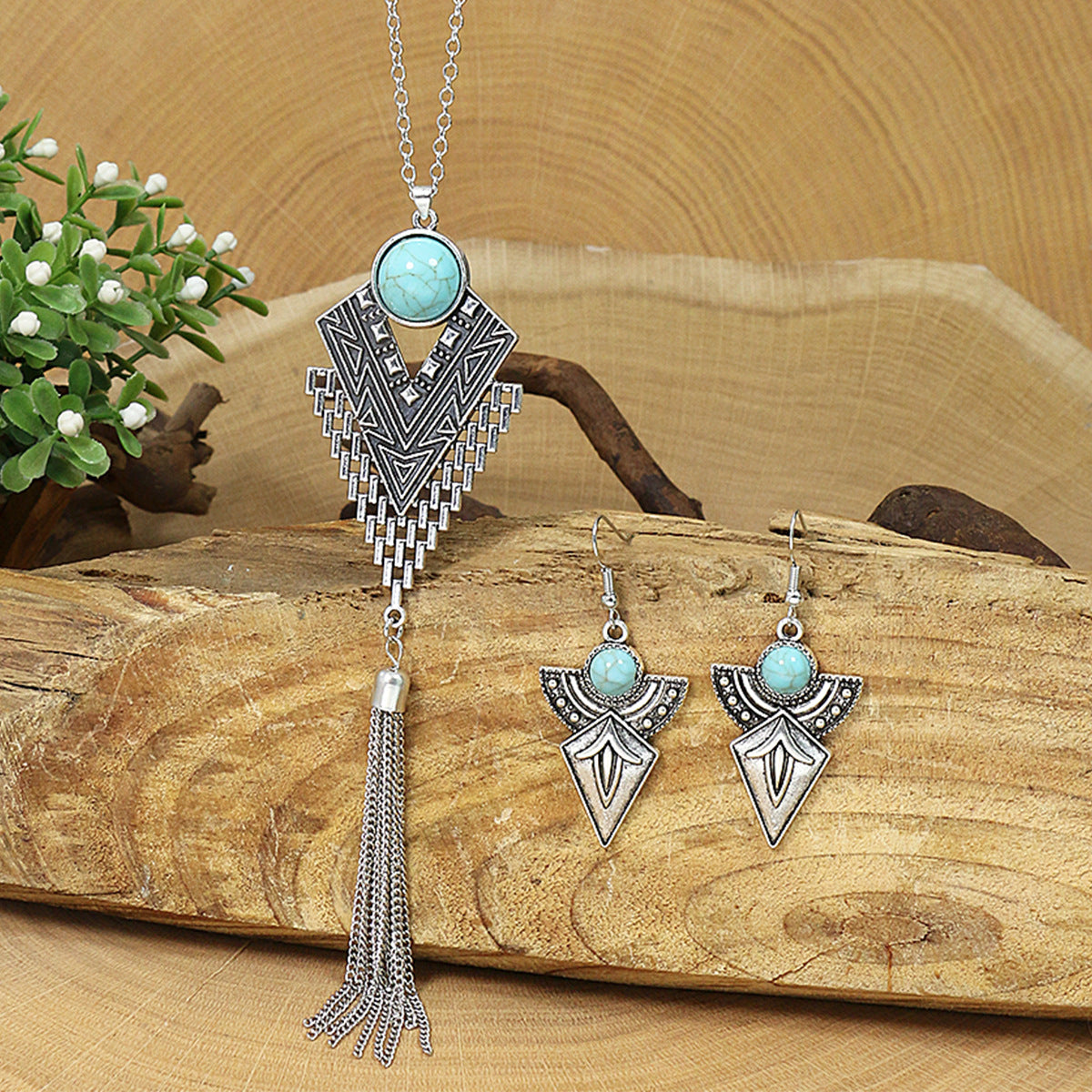 Wholesale Vintage Sweater Chain Long Tassel Pendant Turquoise Earrings