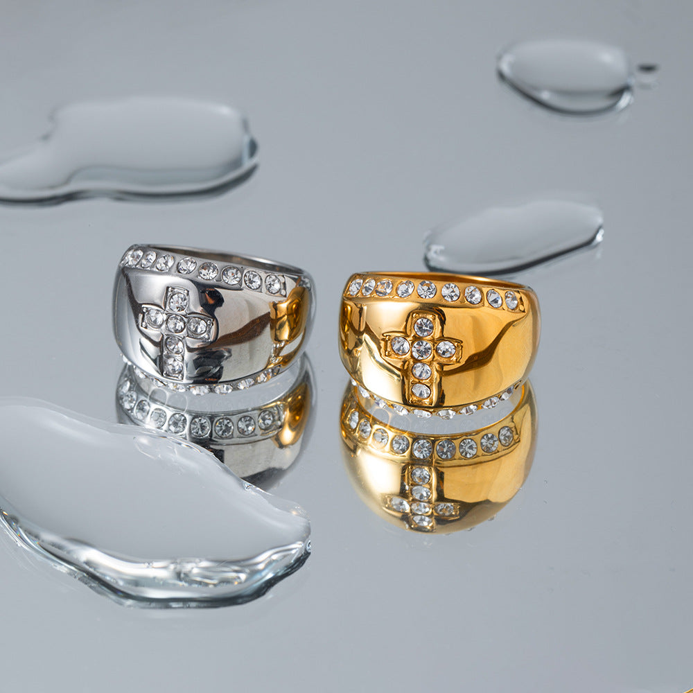 Wholesale 18k Gold Stainless Steel Diamond Inlaid Cross Ring