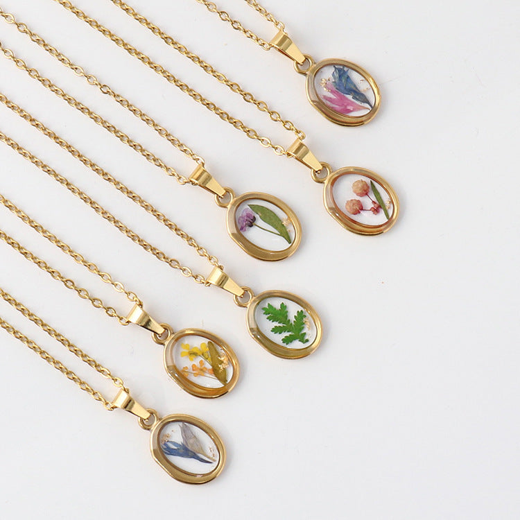 Wholesale 6pcs/pack Summer New Style True Flower Necklace Sweet Style Small Fresh Color True Flower Pendant Stainless Steel Resin Eternal Flower Jewelry