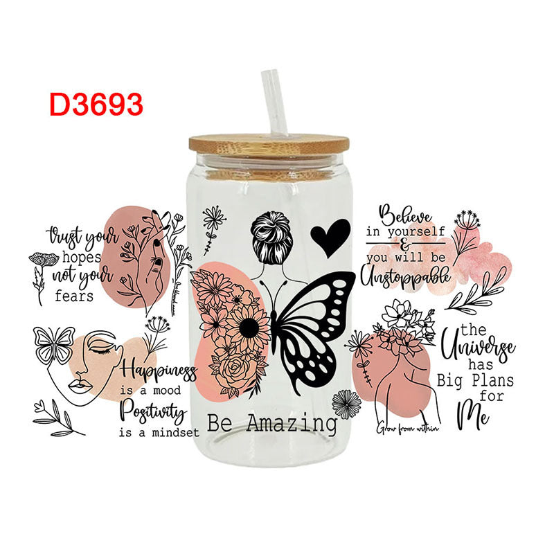 Wholesale Colorful butterfly letters  16oz Cup UV DTF Wraps