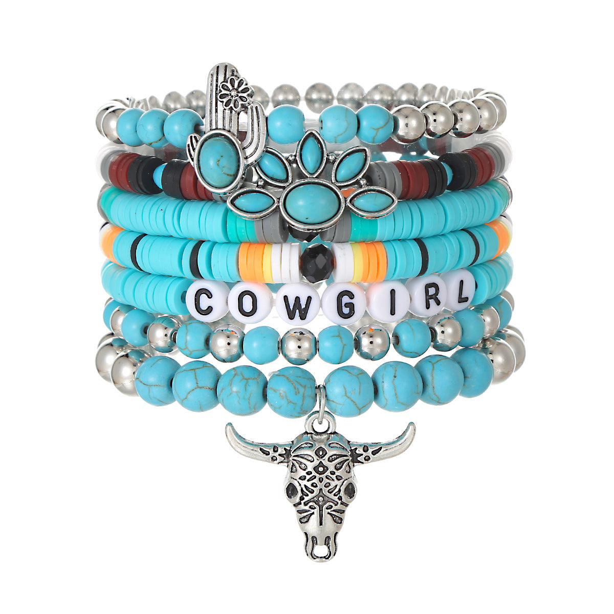 Wholesale Ethnic Style Bullhead Cactus Multi Layer Western Cowboy Turquoise Elastic Bracelet