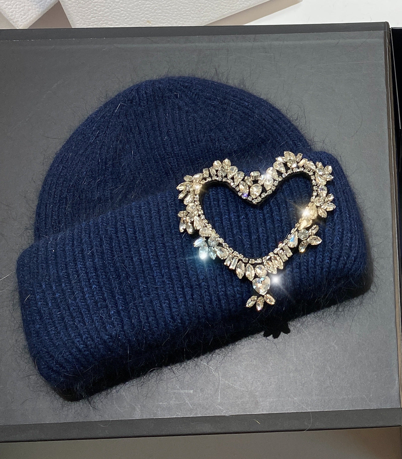 Wholesale Heavy Industry Hand Sewn Rhinestone Heart Rabbit Fur Earmuffs Knitted Hat