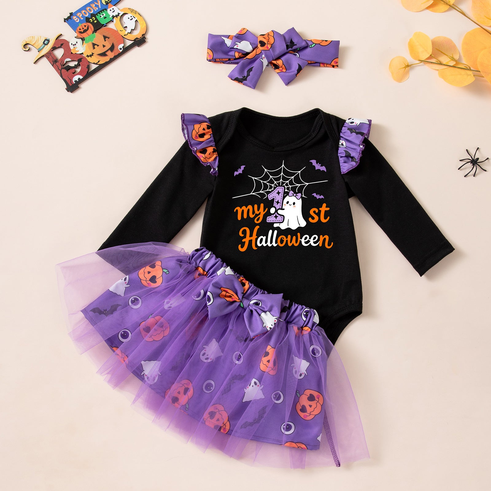 Wholesale Cute  Baby Girl Outfit Set Long Sleeve Ghost Pumpkin Skirt And Socks