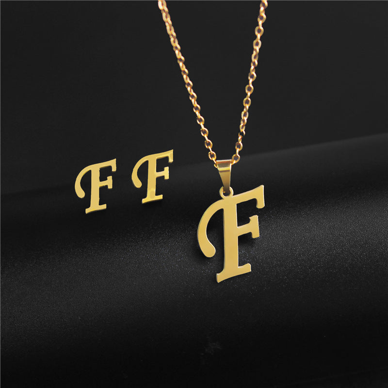 Wholesale Stainless Steel 26 Letter Necklace Earrings Two Piece Set