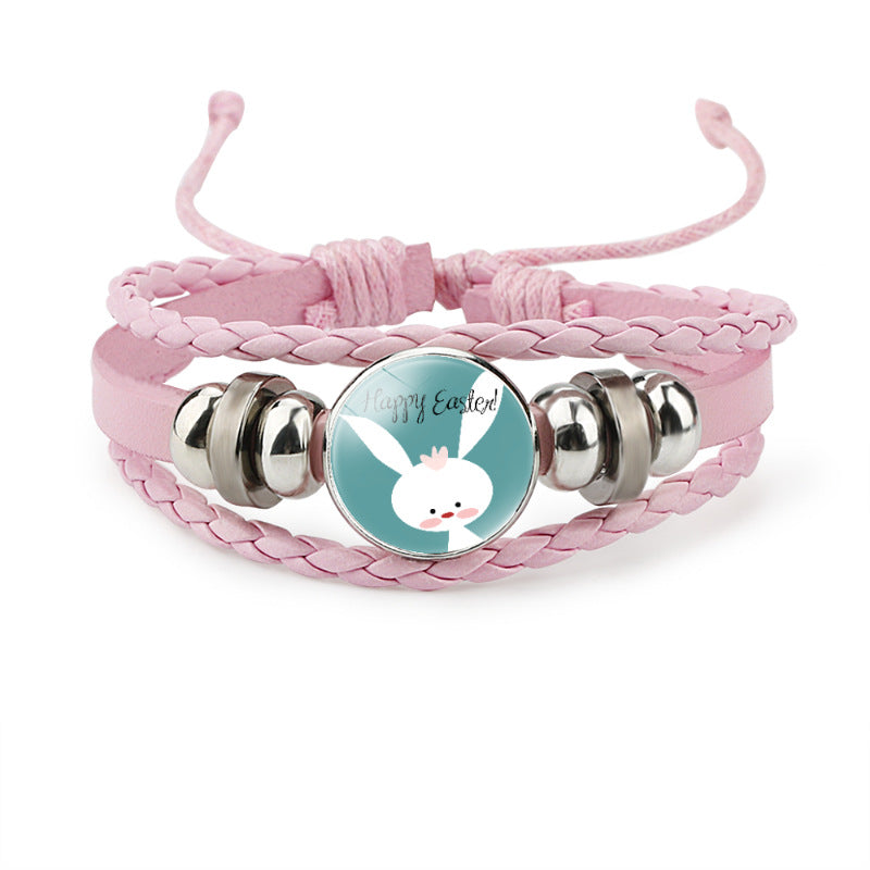 Wholesale Easter Rabbit Time Gemstone Pink Leather Multi Layer Woven Bracelet