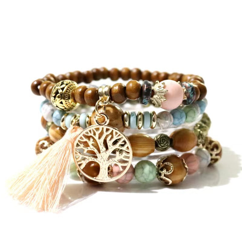 Wholesale Bohemian Creative Tassel Multi layer Wood Ethnic Style Fashion Bracelet