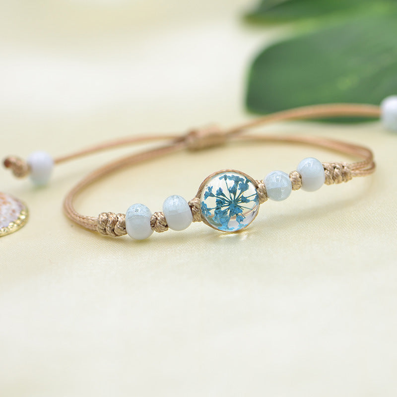 Wholesale Ceramic Glass Ball Dried Flower Plant Real Flower Woven Bracelet