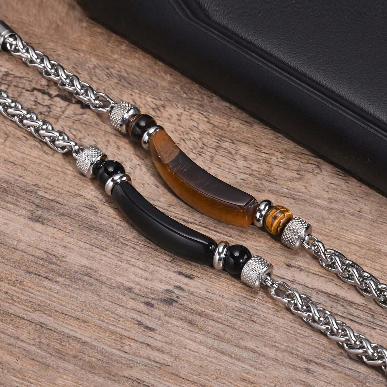Wholesale Tiger Eye Stone Round Grinding Stainless Steel Black Stone Cuban Chain