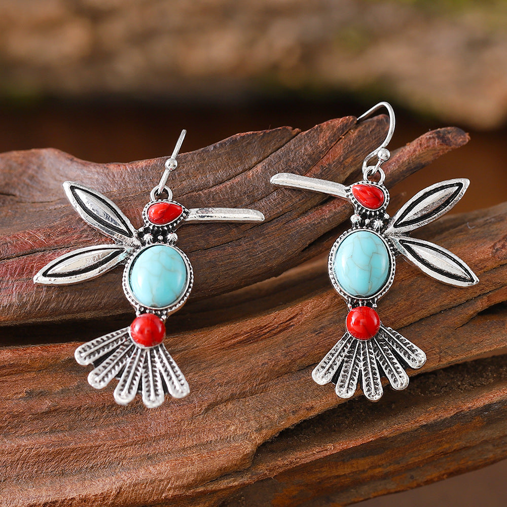 Wholesale Retro fashion inlaid turquoise bird pendant earrings