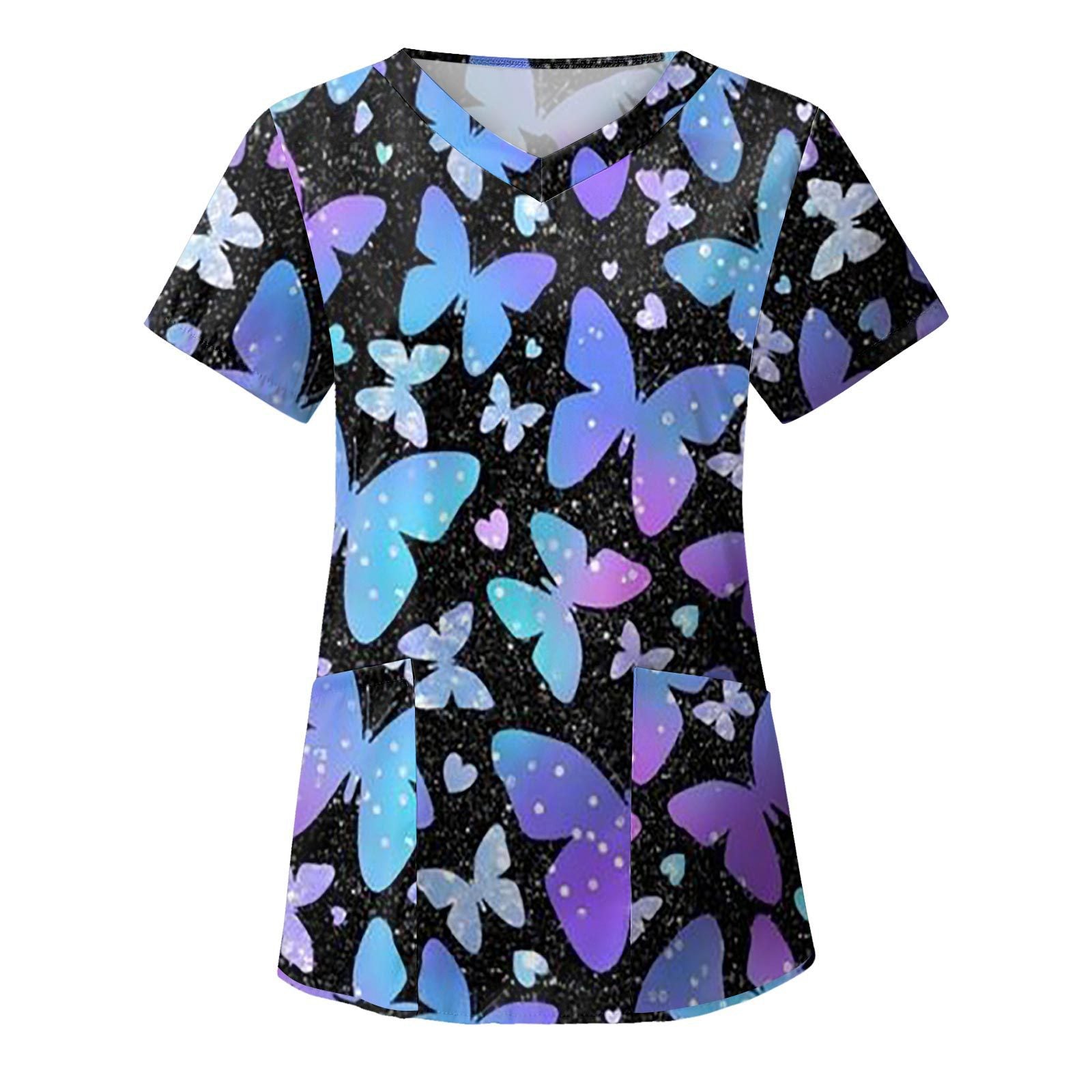 Wholesale Women's 3D Printed V-neck Pocket Polyester Short Sleeved Work Clothes