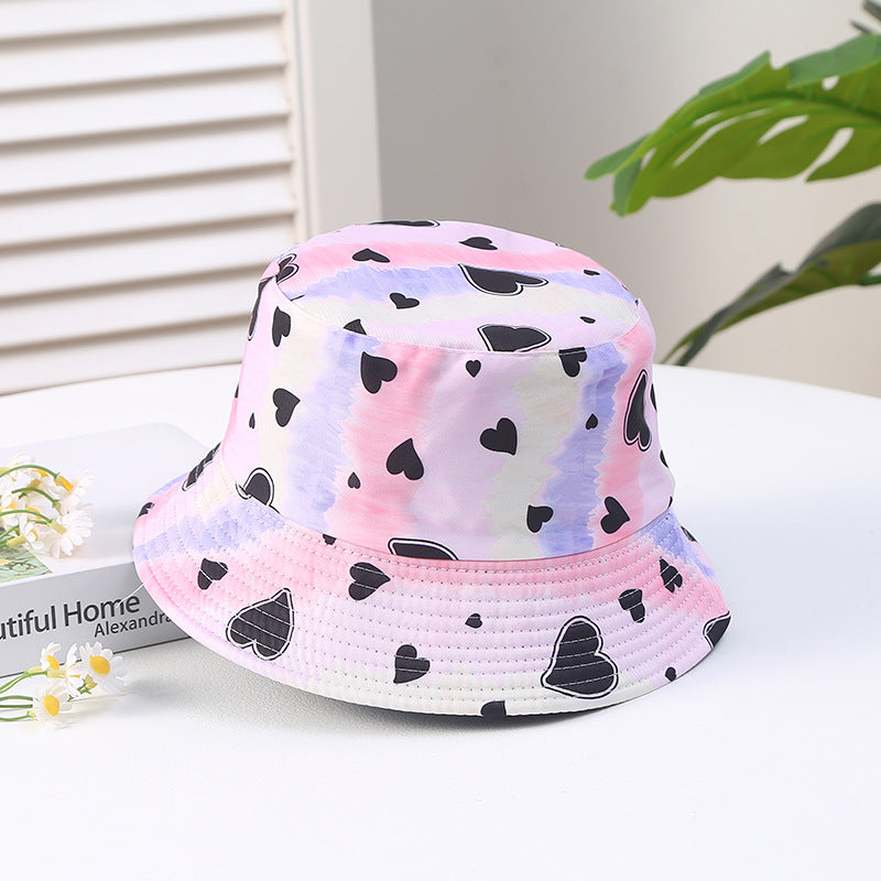 Hearting Heart Printing Tie Dye Color Block Polyester Sun Bucket Sombrero de cubo de Sunshade