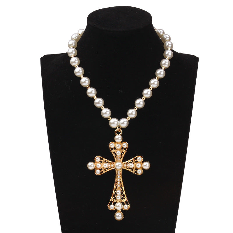 Wholesale Pearl Sweet Cool Dark Style Cross Pendant Clavicle Necklace