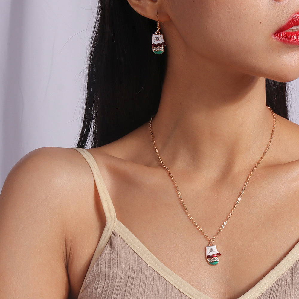 Wholesale Christmas Elk Cane Christmas Tree Snowman  Alloy Necklaces Set