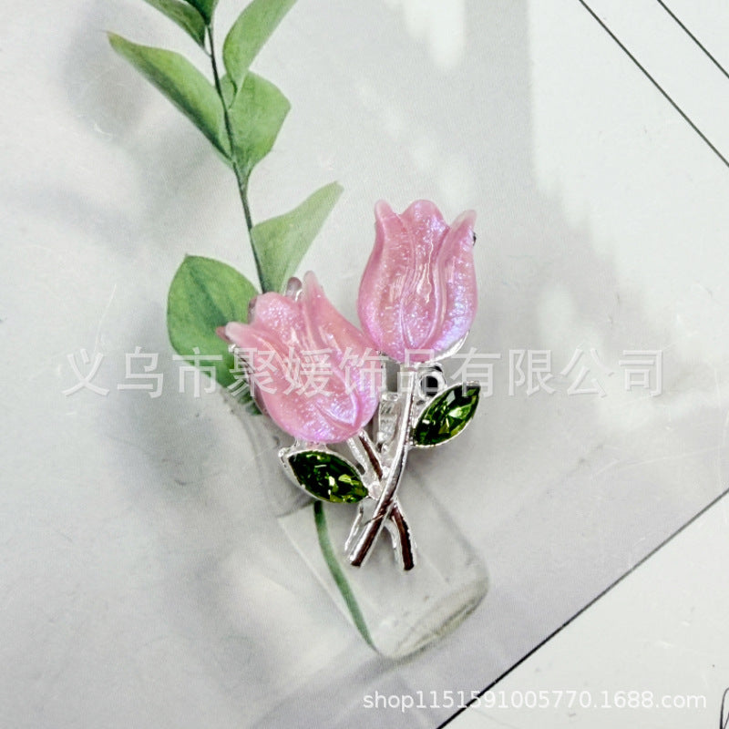 Wholesale 20pcs double-sided tulip flower color plated diamond four hole beads