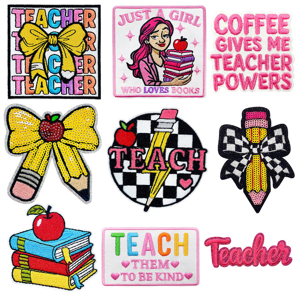 Wholesale Stylish Teacher S Day Embroidered Patch Set With Pencil Bow Designs Polyester Iron On Applique For et DIY Accessory