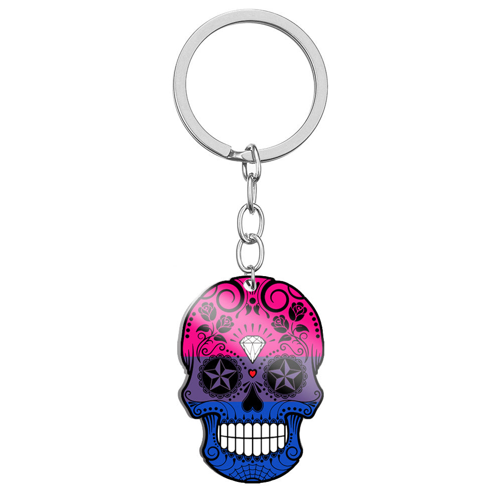 Wholesale 6 Color Rainbow Flag Color Printing Titanium Steel Skull Stainless Steel Keychains