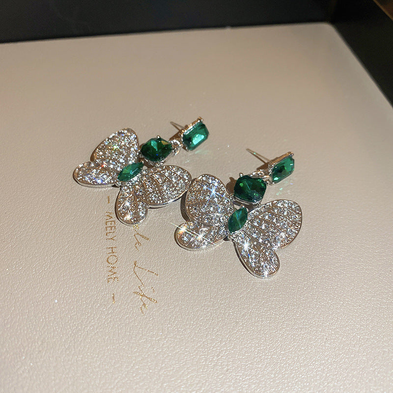 Wholesale Silver Needle Diamond Butterfly Emerald Square Earrings Necklace Set
