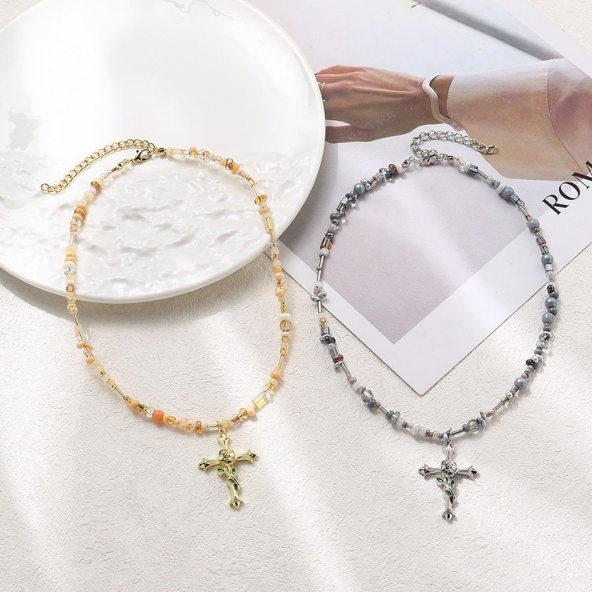 Wholesale Spliced rose cross pendant necklace