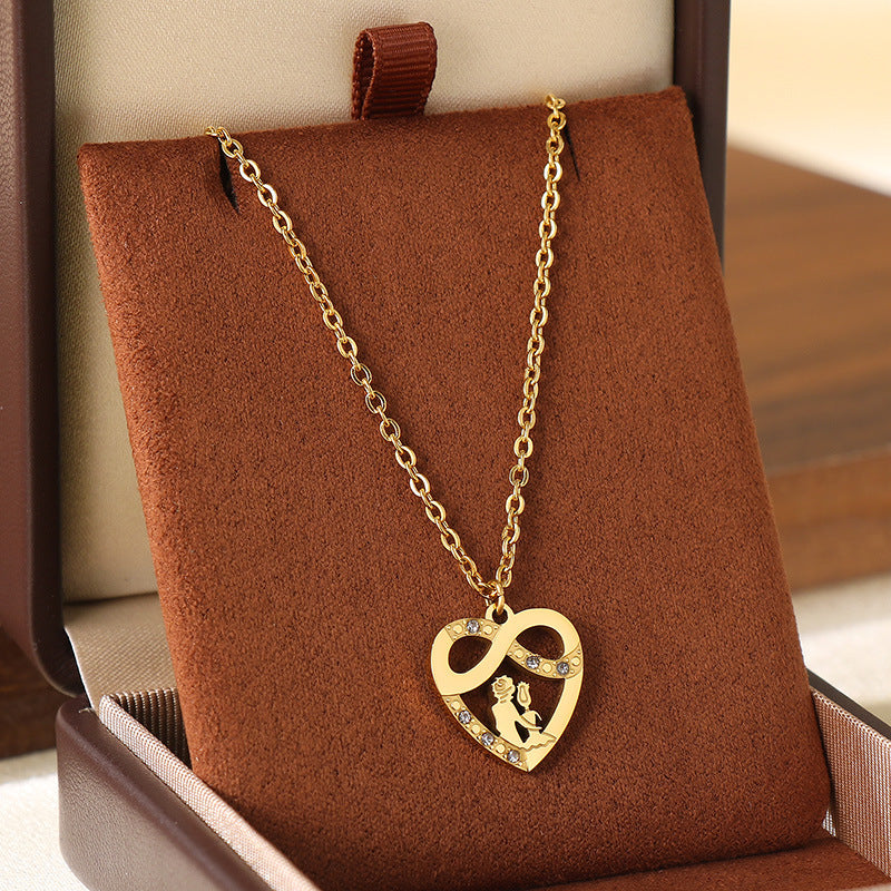 Wholesale Mother' s Day Diamond studded Hollow Moon Love Stainless Steel Necklace