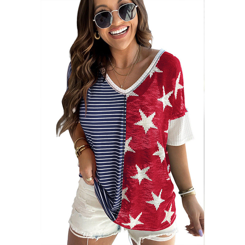 Wholesale Knitted American Flag Independence Day Printed Short Sleeves