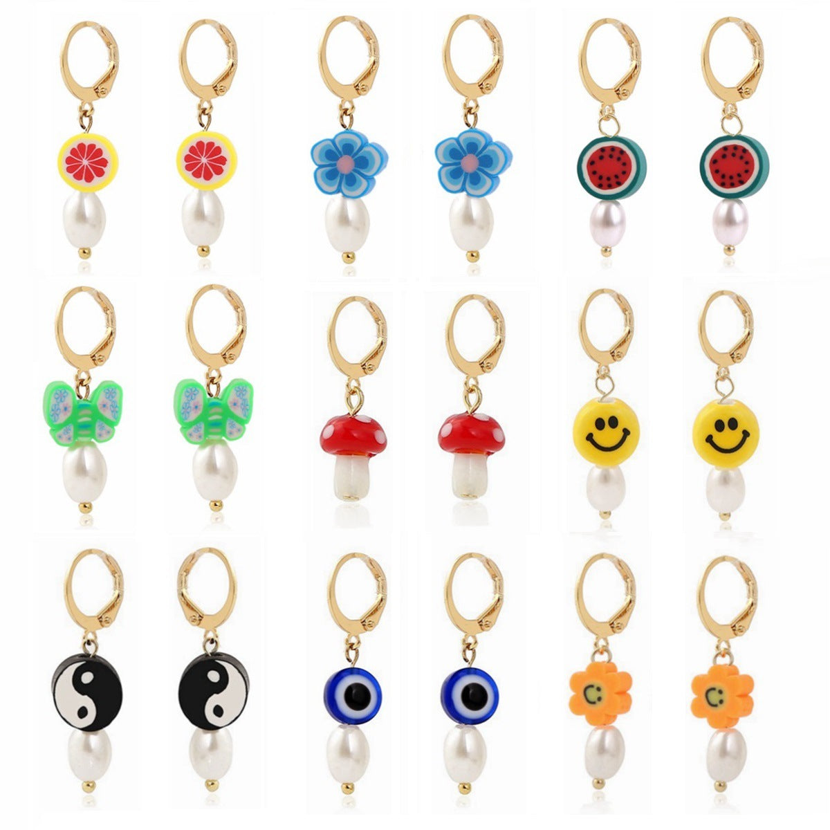 Wholesale Simple Pearl Smiley Bee Butterfly Set Mushroom Earrings
