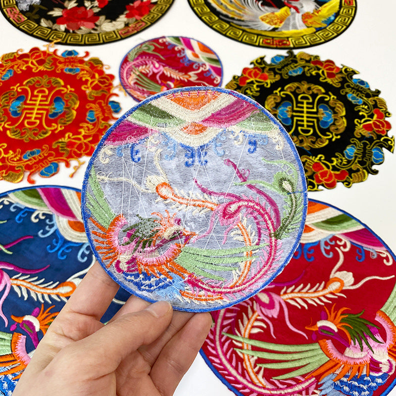 Wholesale Chinese Style Dragon Phoenix Round Satin Fabric Patches For Coat Decoration 8 Pack Stylish DIY Accessory