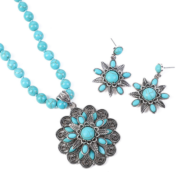 Wholesale Vintage three-layer flower earrings turquoise earrings