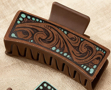 Wholesale Western Style Large Leather Hairpin Antique Carved Design Retro Hair Accessories Women' s Headwear Source Factory