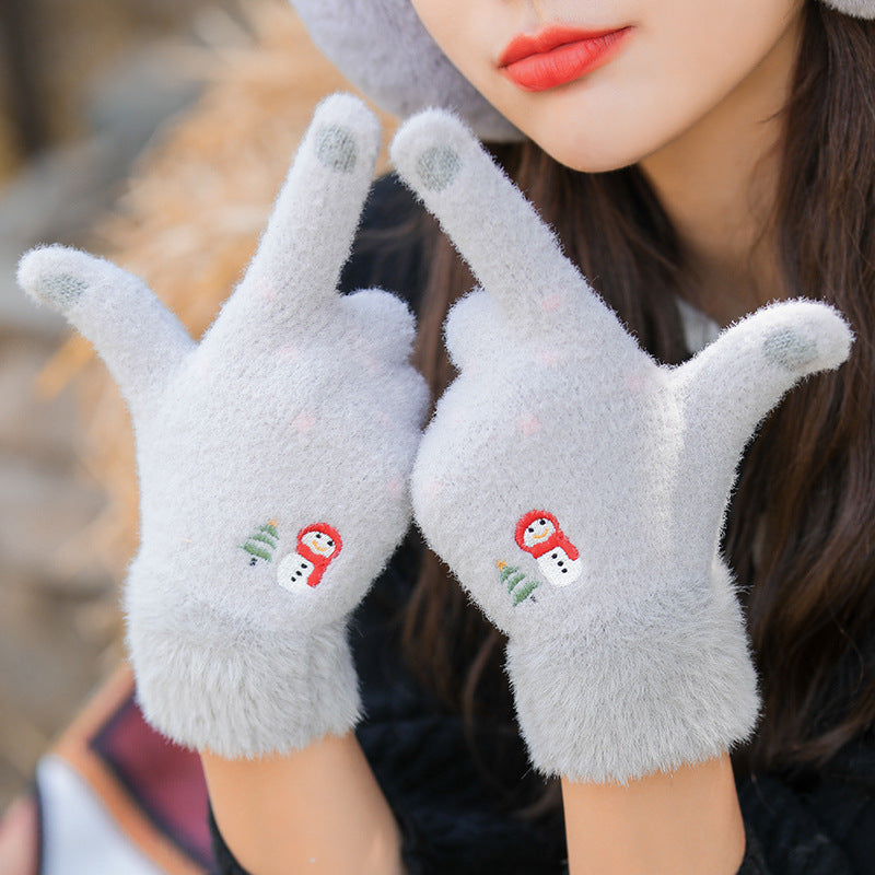 Wholesale Winter Cute Snowman Five-finger Touch Screen Anti-cold Plus Velvet Thickened Polyester Gloves