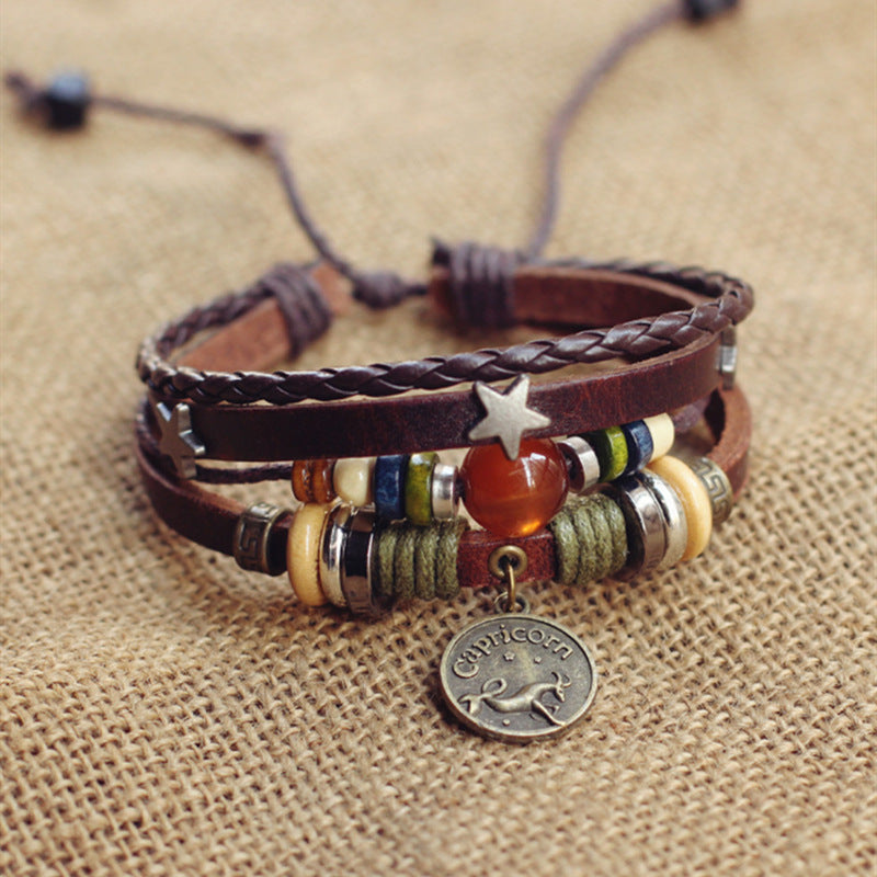 Wholesale Twelve Constellation Agate Punk Vintage Rivet Jewelry Multi-layer Bracelet