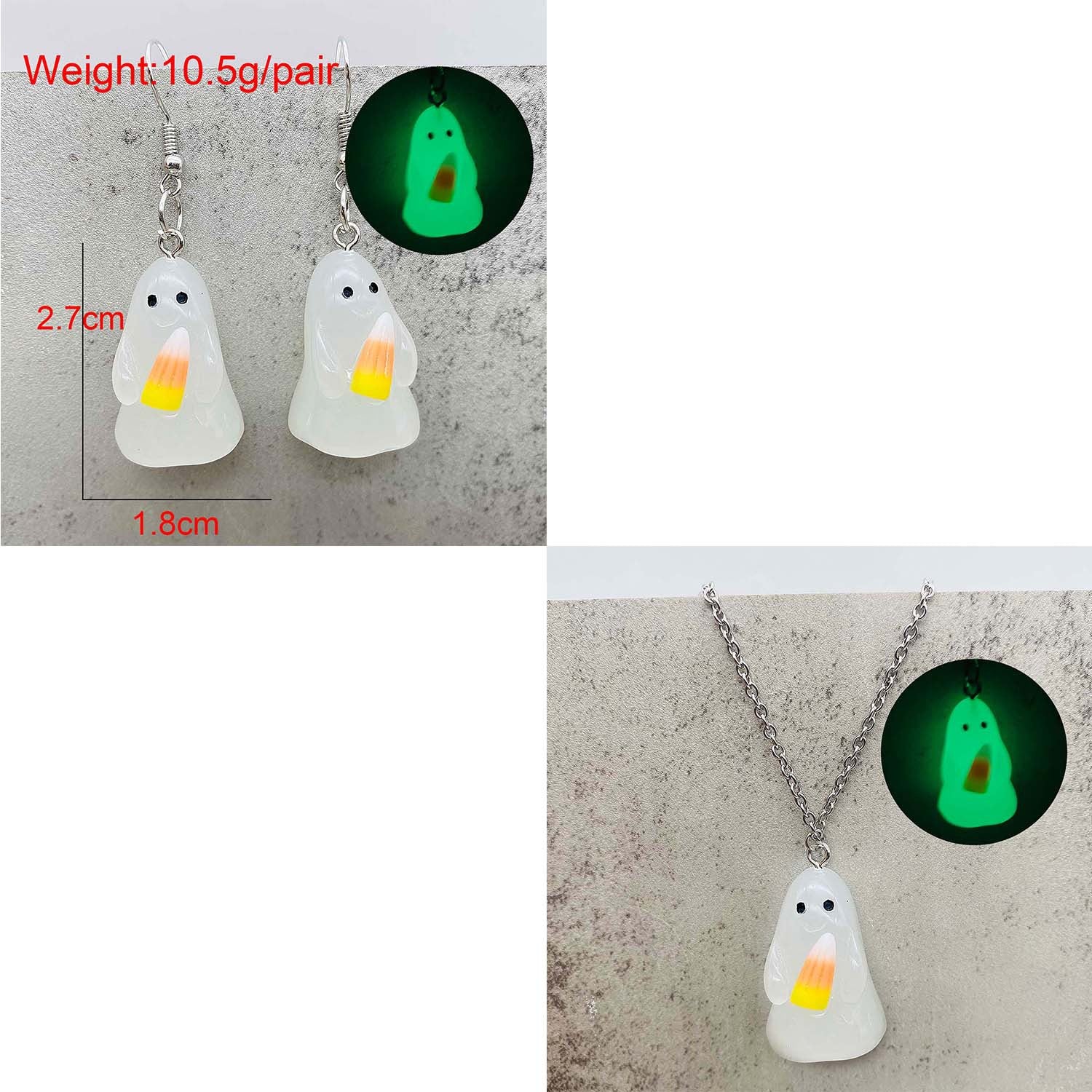 Wholesale Stereo Resin Glow-in-the-dark Ghost Halloween Wishing Bottle Earrings and Necklaces Set