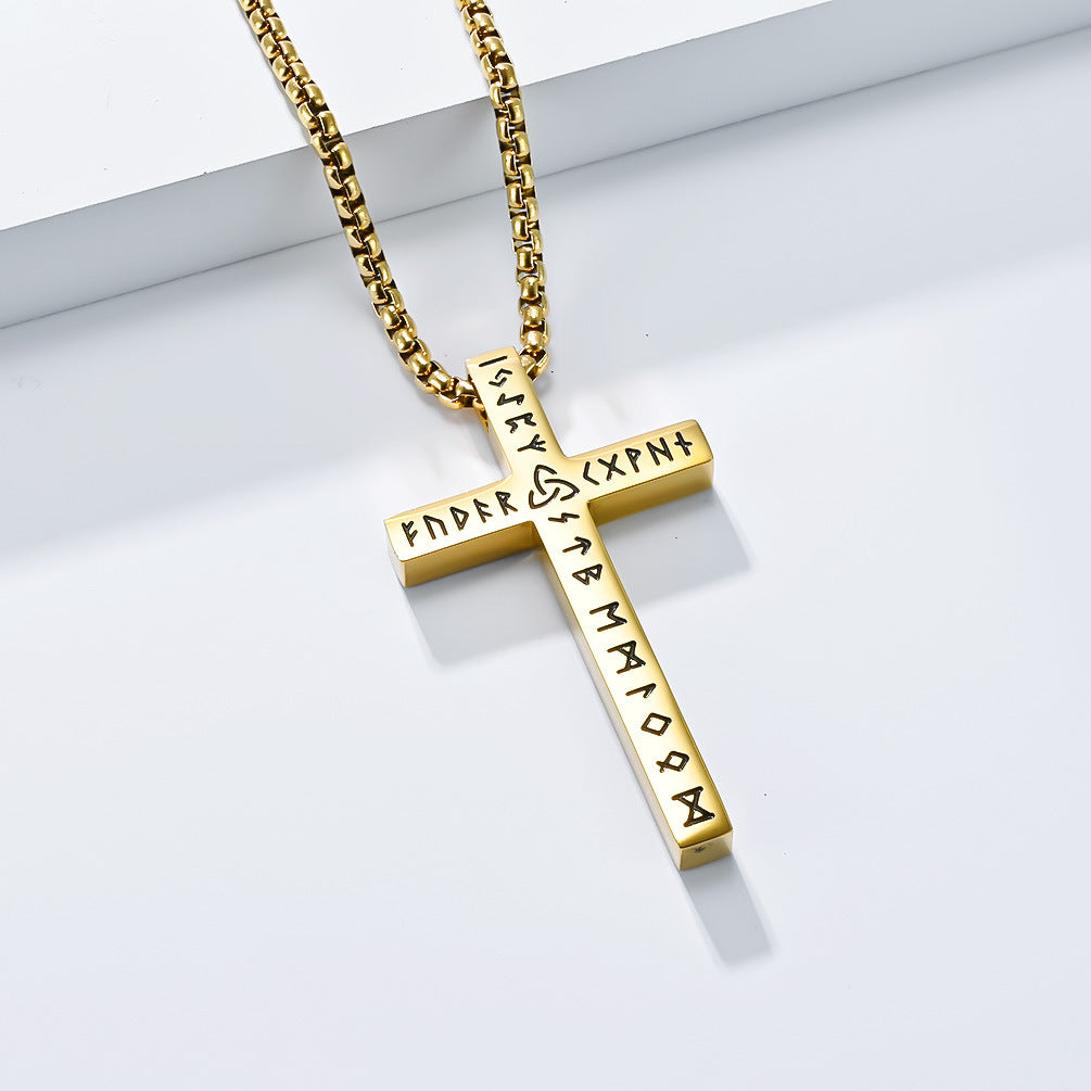 Wholesale Viking text titanium steel polished cross necklace rune genderless cross pendant