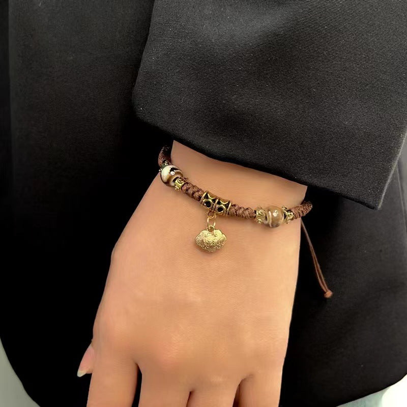 Wholesale Vintage Ceramic Bells Safety Lock Handwoven Rope Bracelets