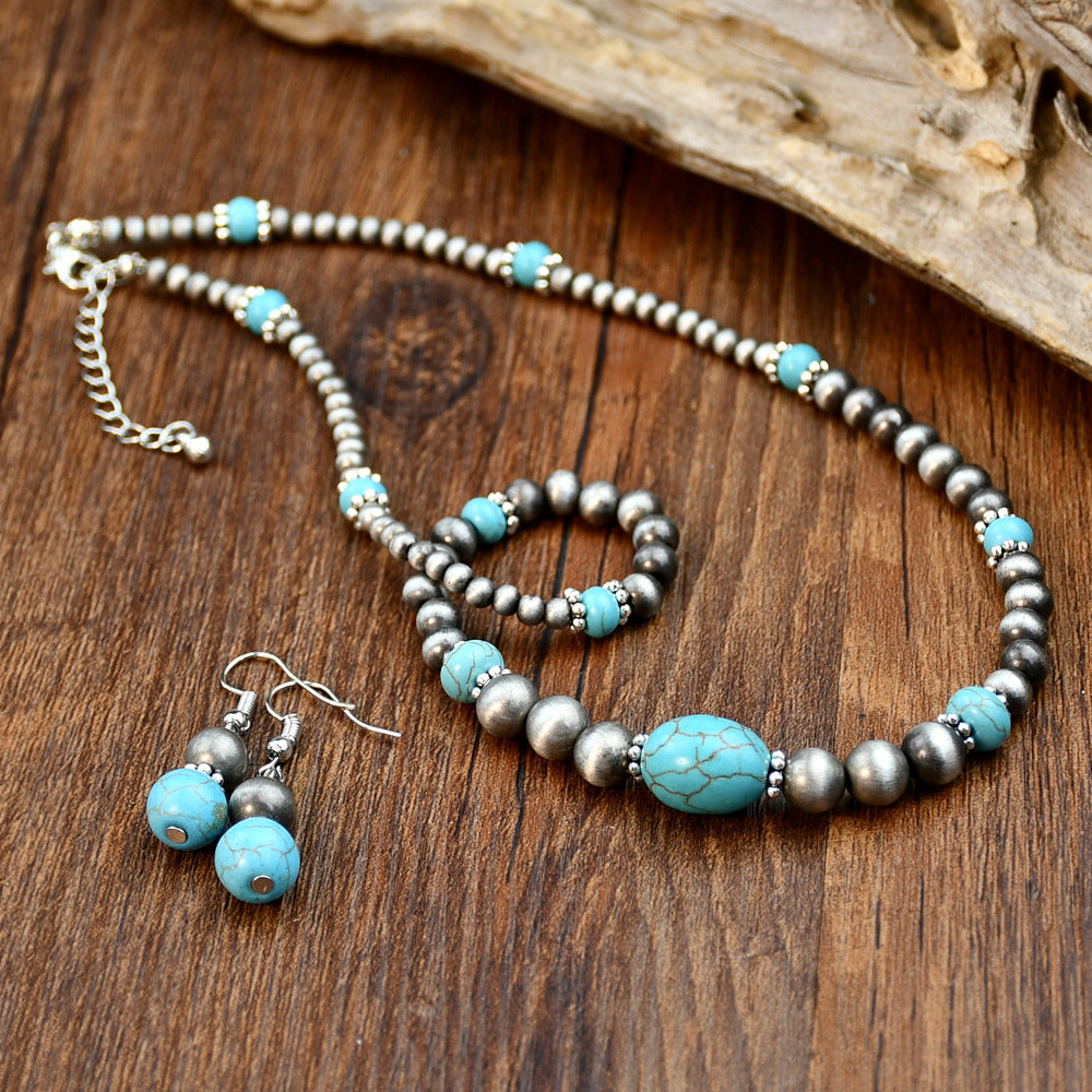 Wholesale Retro Ethnic Turquoise Necklace Earrings suit