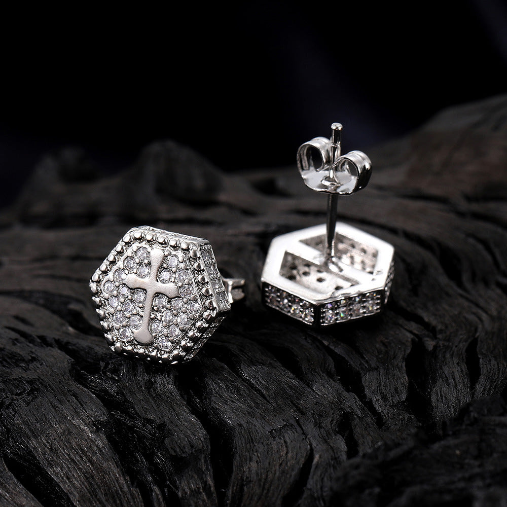 Wholesale Cross Zircon Gold Plated Hip Hop Men's Earrings