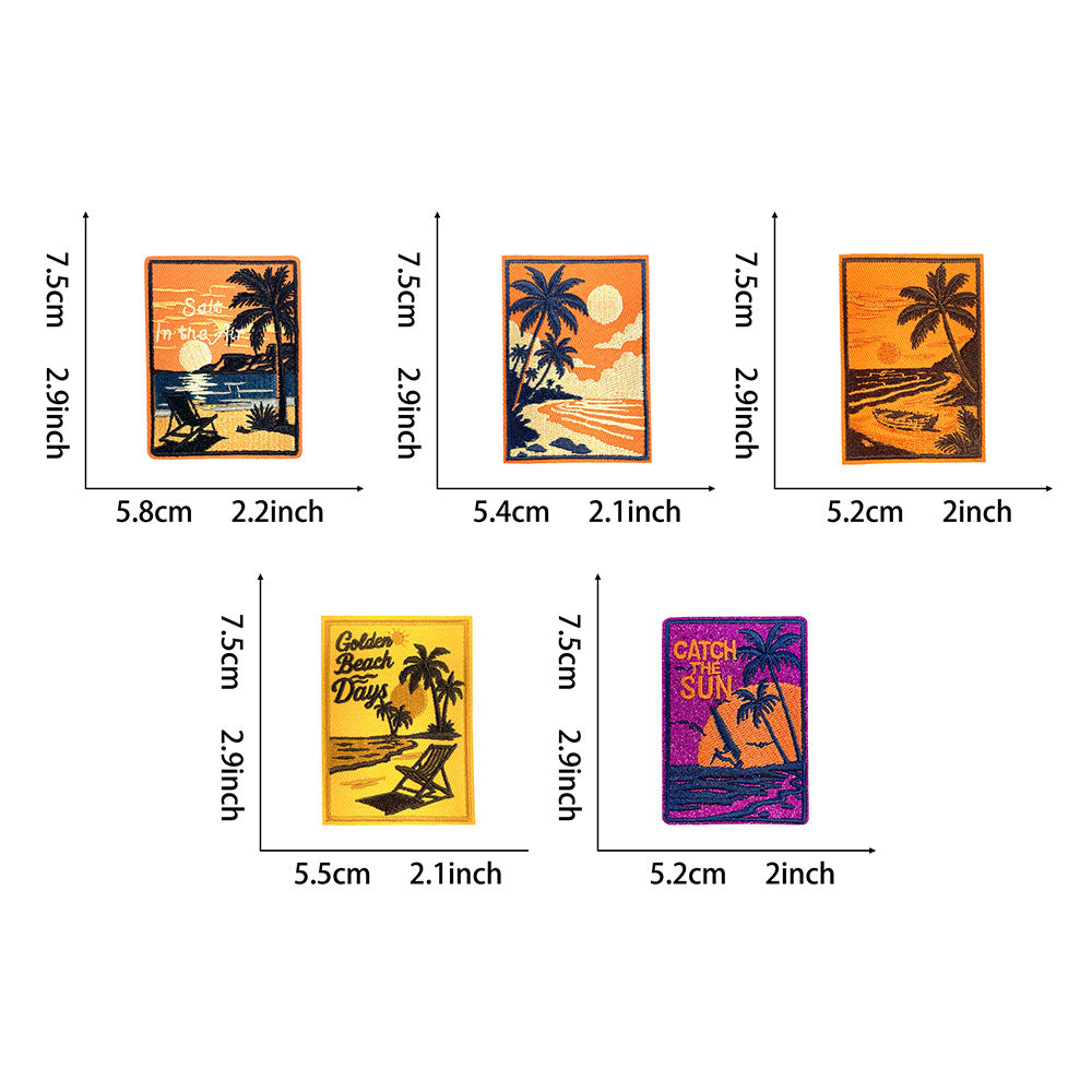 Wholesale Trendy Retro Beach Palm Tree Sunset Embroidered Patches For Clothing Bags DIY Craft Supply 5 Pack