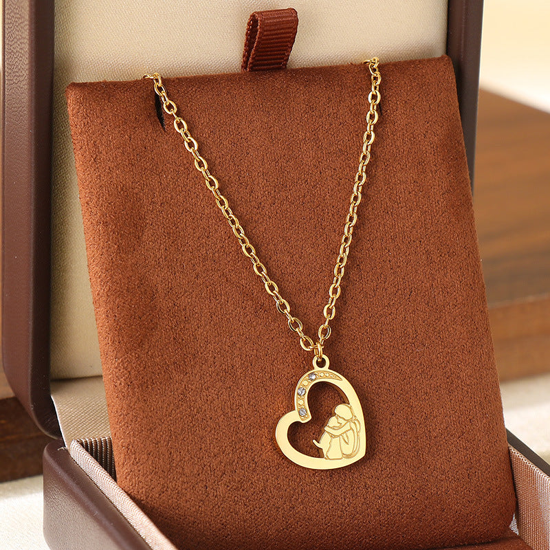 Wholesale Mother' s Day Diamond studded Hollow Moon Love Stainless Steel Necklace