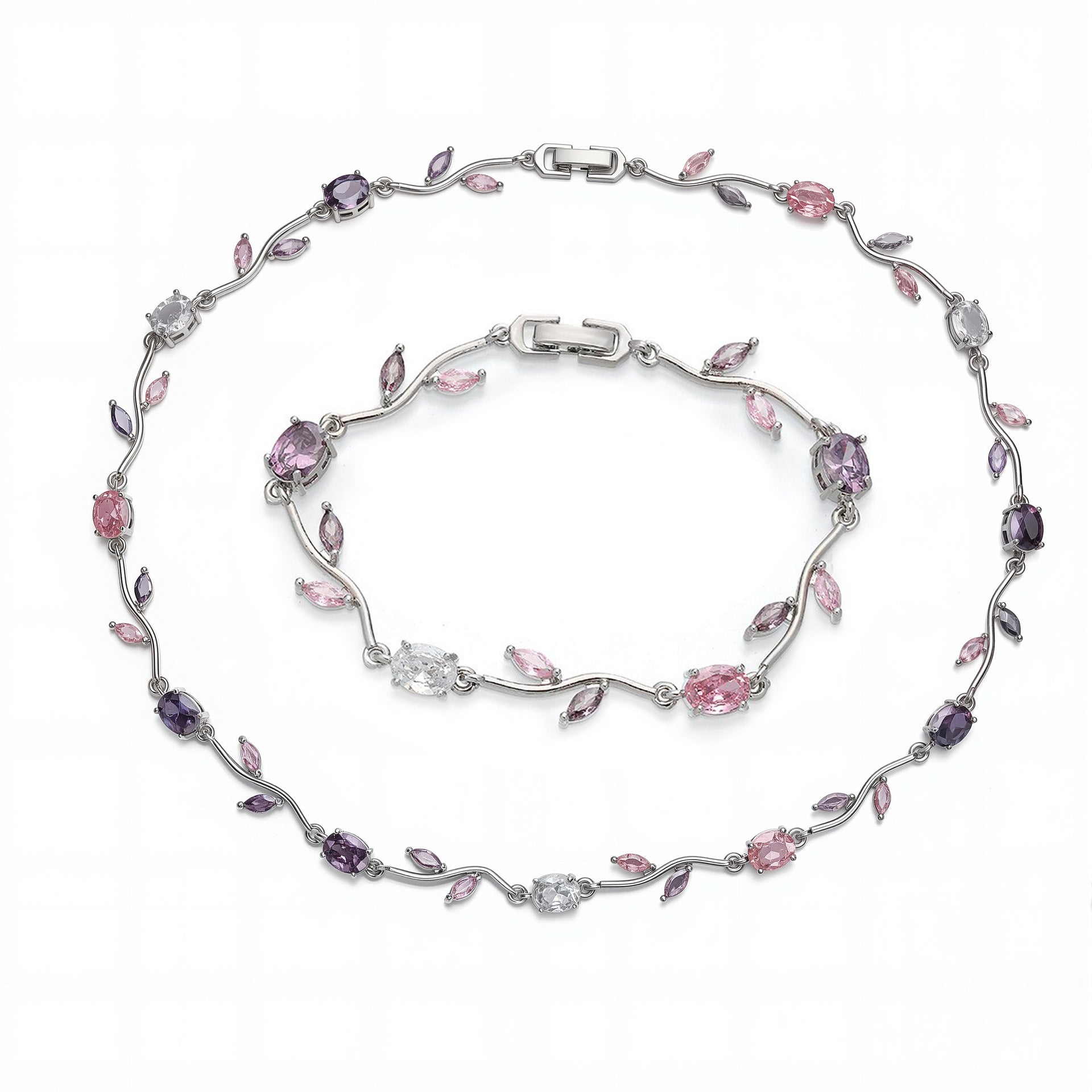 Wholesale Luxury Copper Inlaid Colored Diamond Bracelet Necklace Set