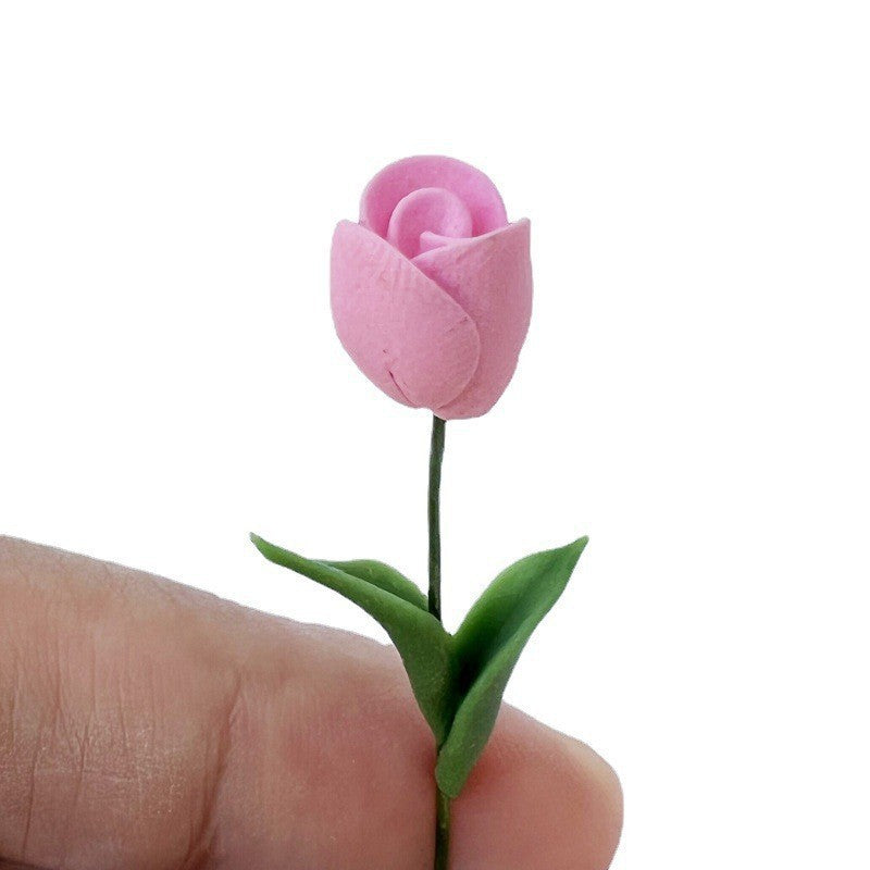 Wholesale 1:12 doll house accessories mini clay flower single flower flower arrangement  tulip rose leaves pure hand made
