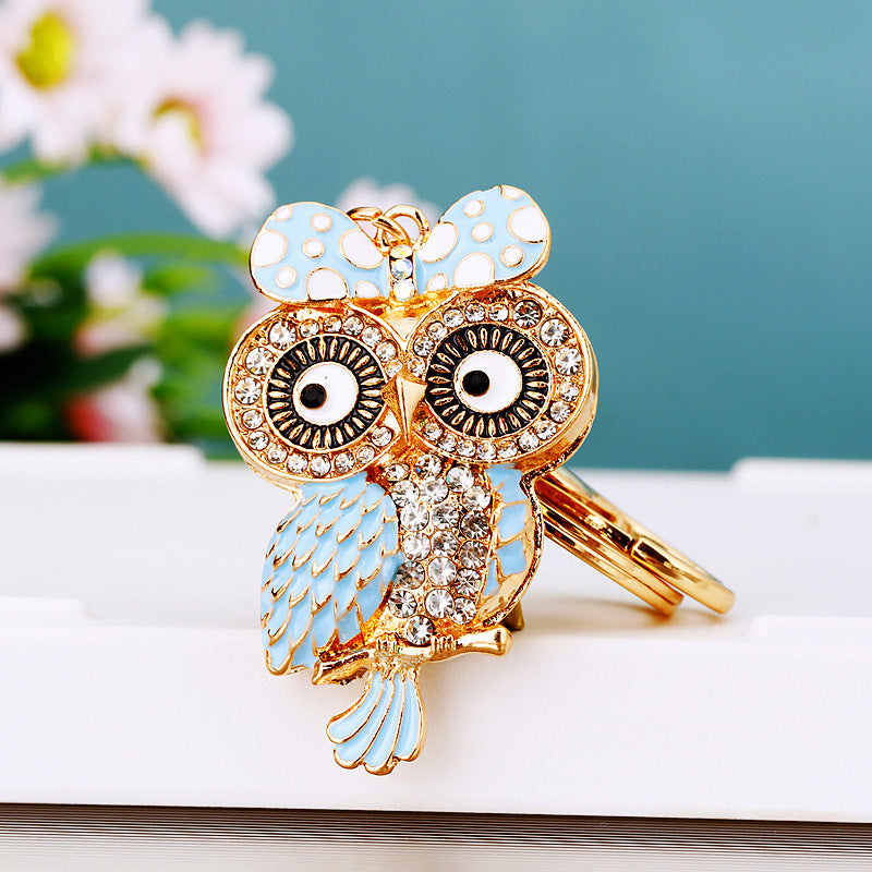 Wholesale Pink Rhinestone Owl Car Keychain Metal Key Ring Bag Charm Fashion Accessory Gift