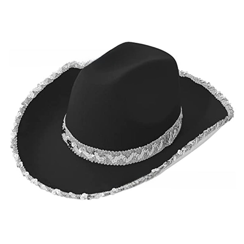 Wholesale Mardi Gras White Silver Trim Sequined Cowboy Hat