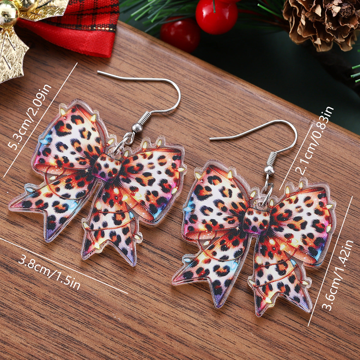 Wholesale Christmas Lights Leopard Print Bowknot Acrylic Earrings