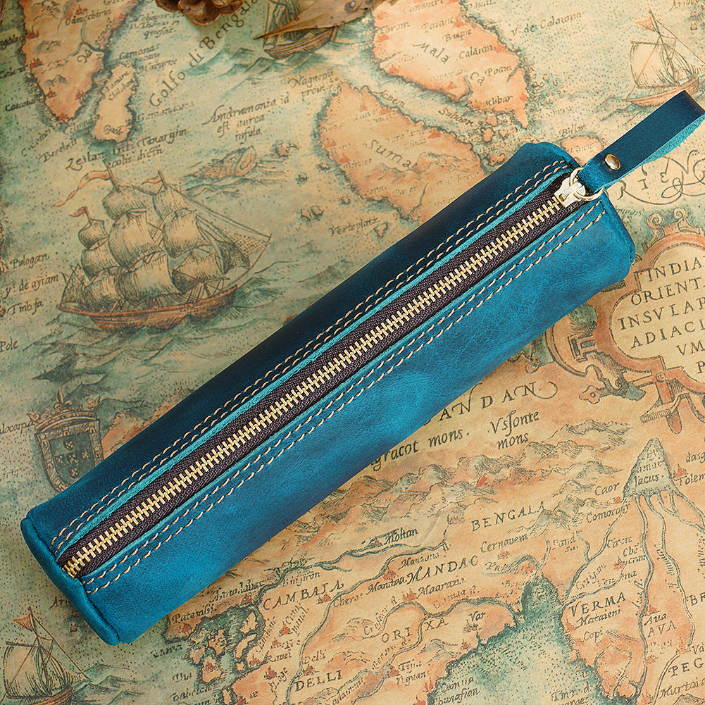 Wholesale Vintage first layer crazy horse leather storage pencil case