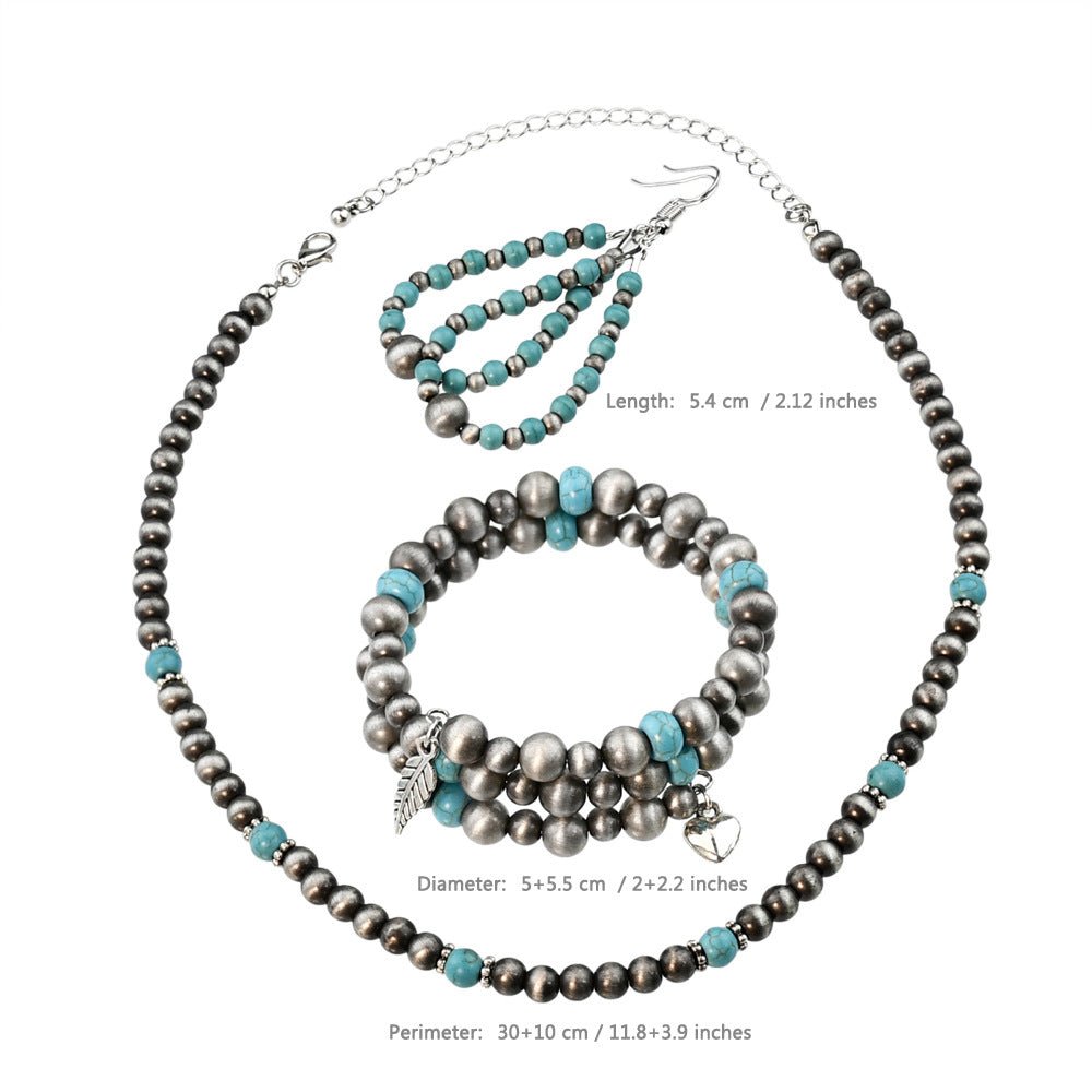 Wholesale Vintage Antique Pewter Beaded Necklace Bracelet Drop Shaped Earrings Jewelry Set