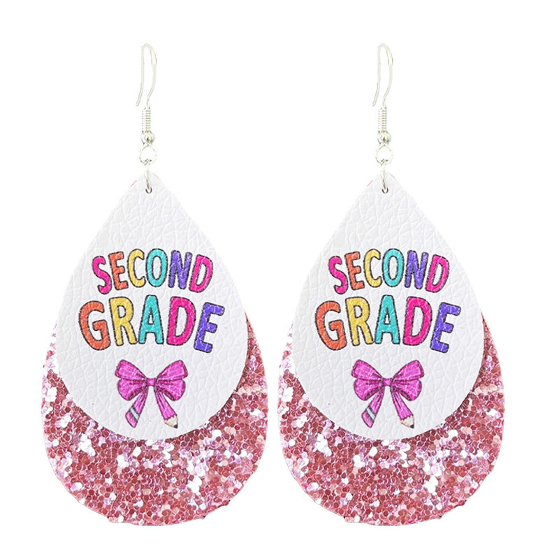 Wholesale Double-layer water drop leather print back-to-school season teacher earrings