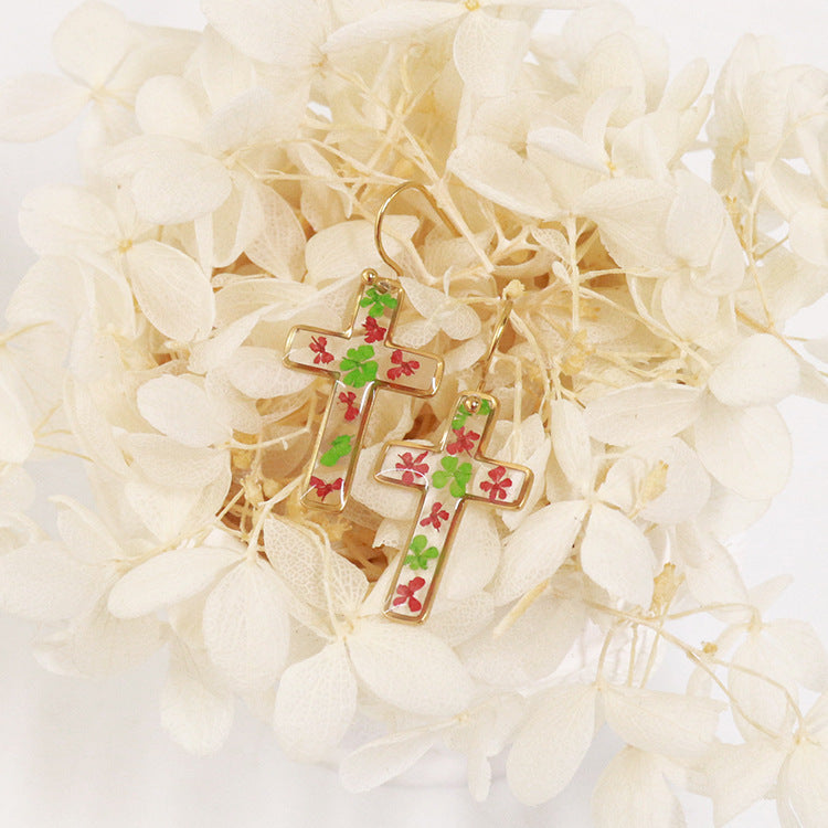 Wholesale 6pcs Resin Natural Dried Flower Cross Earrings
